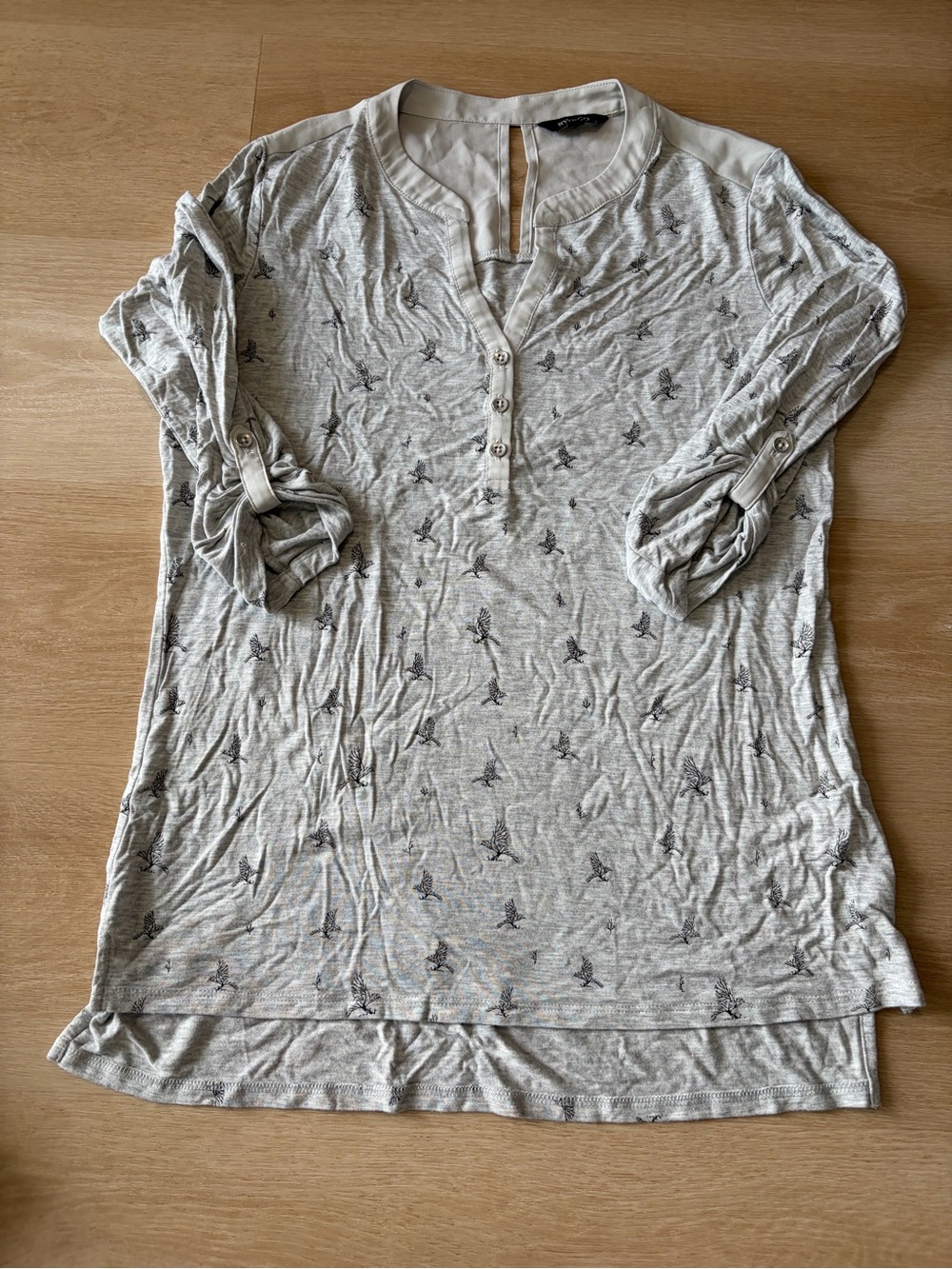 RW&CO Grey Tree Print Henley Tunic Top Roll Tab Sleeve S